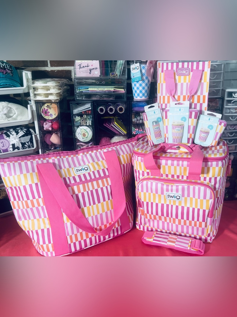 SWIG Pink & Yellow Striped Cooler Bag Set